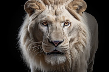A striking white lion set against a white background, emanating an aura of majesty and strength. Generative Ai.