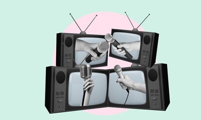 Collage of retro TVs and a human hand with microphone