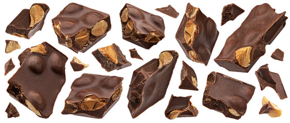 Dark chocolate chunks with almond isolated on white background