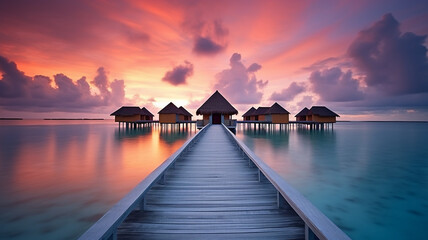 Fototapeta na wymiar Luxury hotel in Maldives, ocean cabins, tropical island paradise
