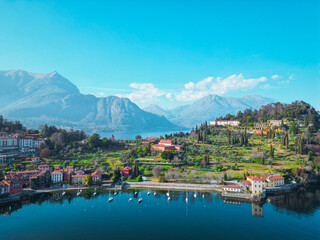 Naklejka premium Aerial view Bellagio is a small jewel located on the promontory that separates the two southern branches of Lake Como, Italy