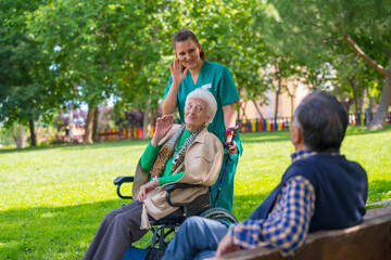 An elderly woman with the nurse on a walk through the garden of a nursing home in a wheelchair and greeting an elderly man
