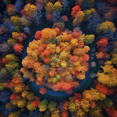 Autumn colorful country park. Top view. Stunning aerial shots of autumn landscapes. AI Generated