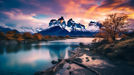 Fototapeta na wymiar Patagonia mountain landscape in Argentina, mountain peaks and rivers