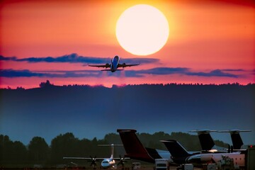 Fototapeta na wymiar Mesmerizing Early Morning Takeoff: Commercial Airplane Soaring into the Sky in Crystal Clear 4K Resolution