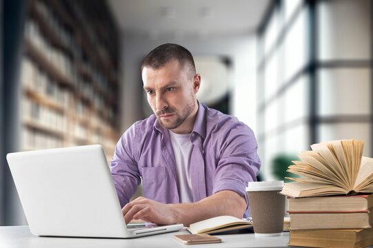 Positive busy student guy work with laptop, AI generated image