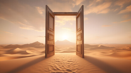 Opened door on desert. Unknown and start up concept. This is a 3d illustration
 - obrazy, fototapety, plakaty