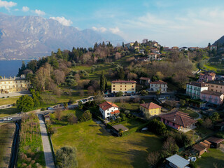 Fototapeta na wymiar Aerial view with drone of Bellagio City on Como Lake in Italy 