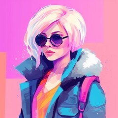 Portrait of a beautiful young woman in sunglasses and a blue jacket. Fashion girl in sketch-style. Vector illustration for your design.