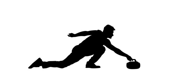 Curling player on ice vector silhouette illustration isolated on white. Winter sport game.  Man curling player delivering a stone on a curling rink, sliding over ice. Boy brushing ice directing stone. - obrazy, fototapety, plakaty