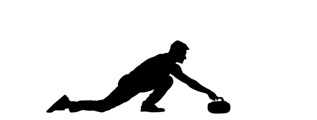 Curling player on ice vector silhouette illustration isolated on white. Winter sport game.  Man curling player delivering a stone on a curling rink, sliding over ice. Boy brushing ice directing stone.