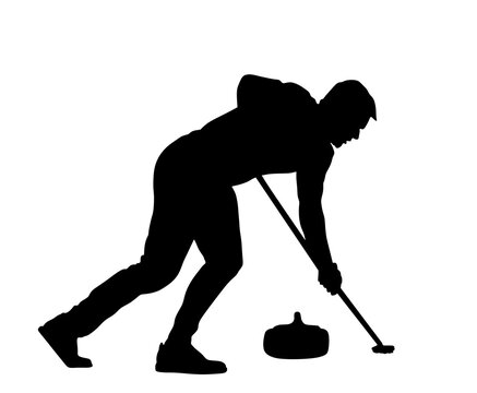 recommend clip art: Curling player on ice vector silhouette illustration isolated on white. Winter sport game.  Man curling player delivering a stone on a curling rink, sliding over ice. Boy brushing ice directing stone.