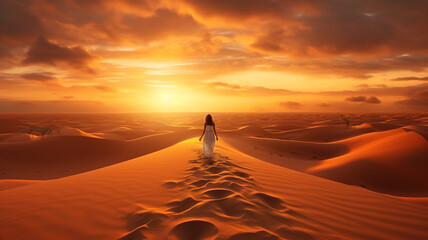 Woman wearing dress walking on sand dunes in sahara desert, camel trip