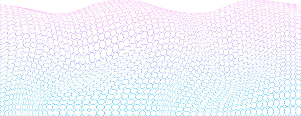 Abstract gradient halftone wave background. A twisted plane of circles on a transparent background. A modern sample for presentations, web design on a technological topic