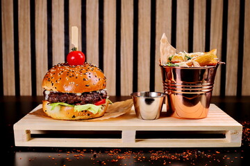 Cheese burger - American cheese burger with Golden French fries and tomato - 619607364