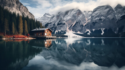 Lake lago di braies in Dolomites, Italy, mountain reflections and boat - obrazy, fototapety, plakaty