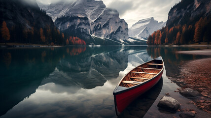Lake lago di braies in Dolomites, Italy, mountain reflections and boat - obrazy, fototapety, plakaty
