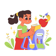 Back to school. Children doing school subject research. Happy girl