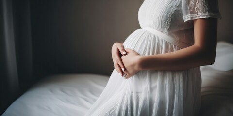 Fototapeta premium A pregnant woman in a white dress holds her hands on her stomach. The concept of pregnancy, motherhood, preparation and expectation. Beautiful photo of tender mood during pregnancy. Generative AI
