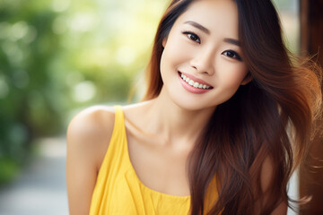 Fototapeta premium portrait of a beautiful smiling asian woman with long dark hair wearing yellow fress. High quality photo