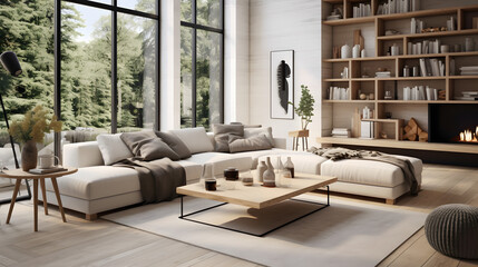 Scandinavian interior design of modern spacious living room
 - obrazy, fototapety, plakaty