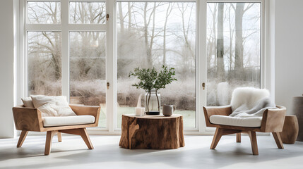 Rustic live edge table and wooden armchairs against of windows. Scandinavian interior design of modern living room.
