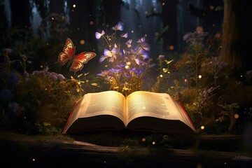 Open magic book with growing lights, magic powder, butterflies. Magic book of elves in the fairy forest, Generative ai