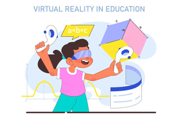 VR in children education. Little school girl gaining knowledge with help