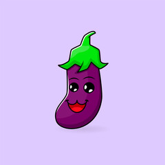 happy purple eggplant mascot illustration. cartoon, emoticon, outline, color style. used for logo, sticker, print, icon, symbol