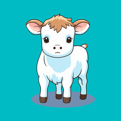 Cute vector cartoon little baby cow on a blue background