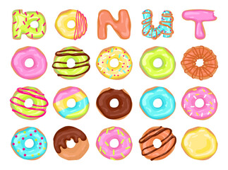Donut or doughnut set. Collection of delicious dessert with chocolate,