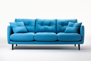Blue fabric sofa with cushions. Modern sofa on white backdrop. Created with generative AI.