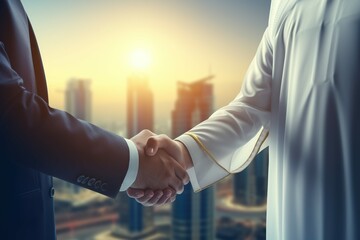 Arab Business handshake and business people on city background, Generative ai

