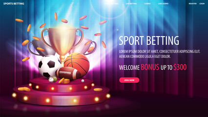 Sport betting, welcome bonus, web banner with offer, champion cups and sport balls on red round podium with curtain on background