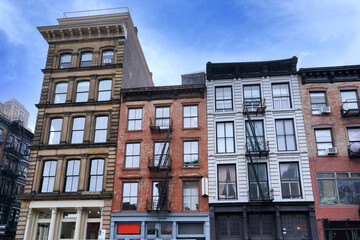 Facades of old buildings in Tribeca district of New York City