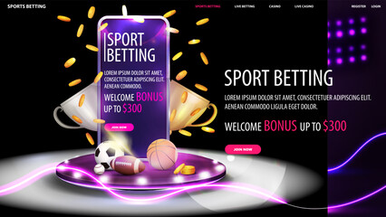 Sport betting, purple banner with smartphone, champion cups, sport balls and falling gold coins on violet podium with spotlights and line neon waves lasers around