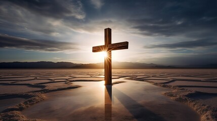 cross at sunset on a salt flat