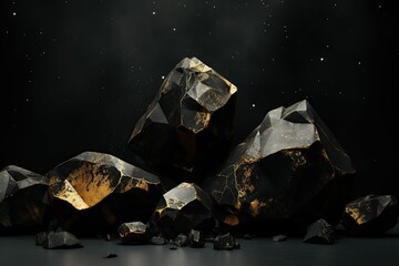 Black AND GOLD geometric Stone and Rock shape background, minimalist mockup for podium display or showcase, Generative ai