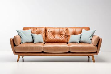 Brown leather sofa with cushions. Modern sofa on white backdrop. Created with generative AI.