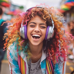 Portrait of a beautiful young laughing woman with headphones listening to music. Happy fashionable...