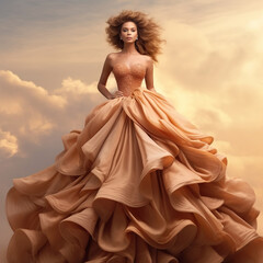 Fototapeta na wymiar Fashion shot of a 3d illustration of a beautiful young woman in a long dress over cloudy sky. Beautiful young woman with curly hairstyle in a beige evening dress. Fashion, Style and Beauty concept