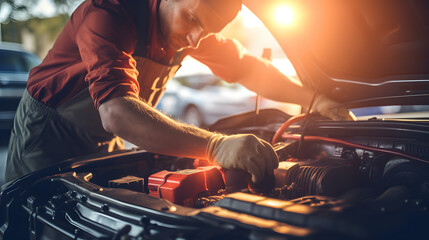 Technician Hands of car mechanic working repair in auto repair Service electric battery and Maintenance of car battery. Check the electrical system inside the car. 
 - Powered by Adobe
