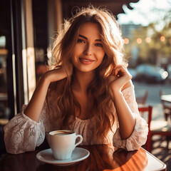 Portrait of a beautiful smiling girl with a cup of coffee in a cafe. Attractive  young woman with cup of coffee sitting in a cafe with a friendly smile, in sunny summer day.