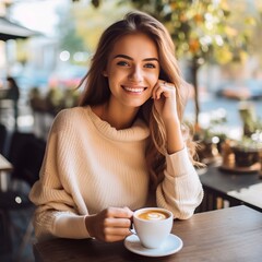 Beautiful young woman drinking coffee and smiling while sitting in a cafe. Portrait of the beautiful girl with a cup of coffee in a cafe.