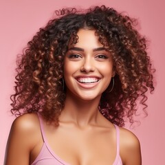 Portrait of beautiful smiling african american woman with curly hair. Beautiful African american woman with curly hair on pink background. AI generated illustration