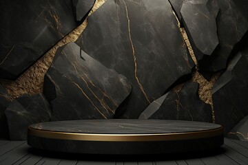 Black AND GOLD geometric Stone and Rock shape background, minimalist mockup for podium display or showcase, Generative ai