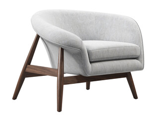Midcentury light gray fabric upholstery chair with wooden legs. 3d render