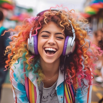 Portrait of a beautiful young laughing woman with headphones listening to music. Happy fashionable girl with colorful curly hair listening to music with headphones over bright background in the street