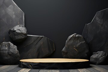 Black geometric Stone and Rock shape background, minimalist mockup for podium display or showcase, Generative ai
