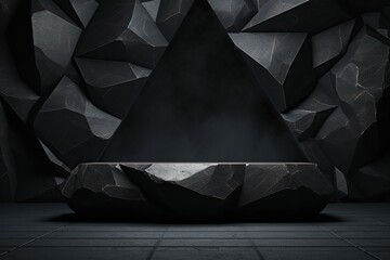 Black geometric Stone and Rock shape background, minimalist mockup for podium display or showcase, Generative ai